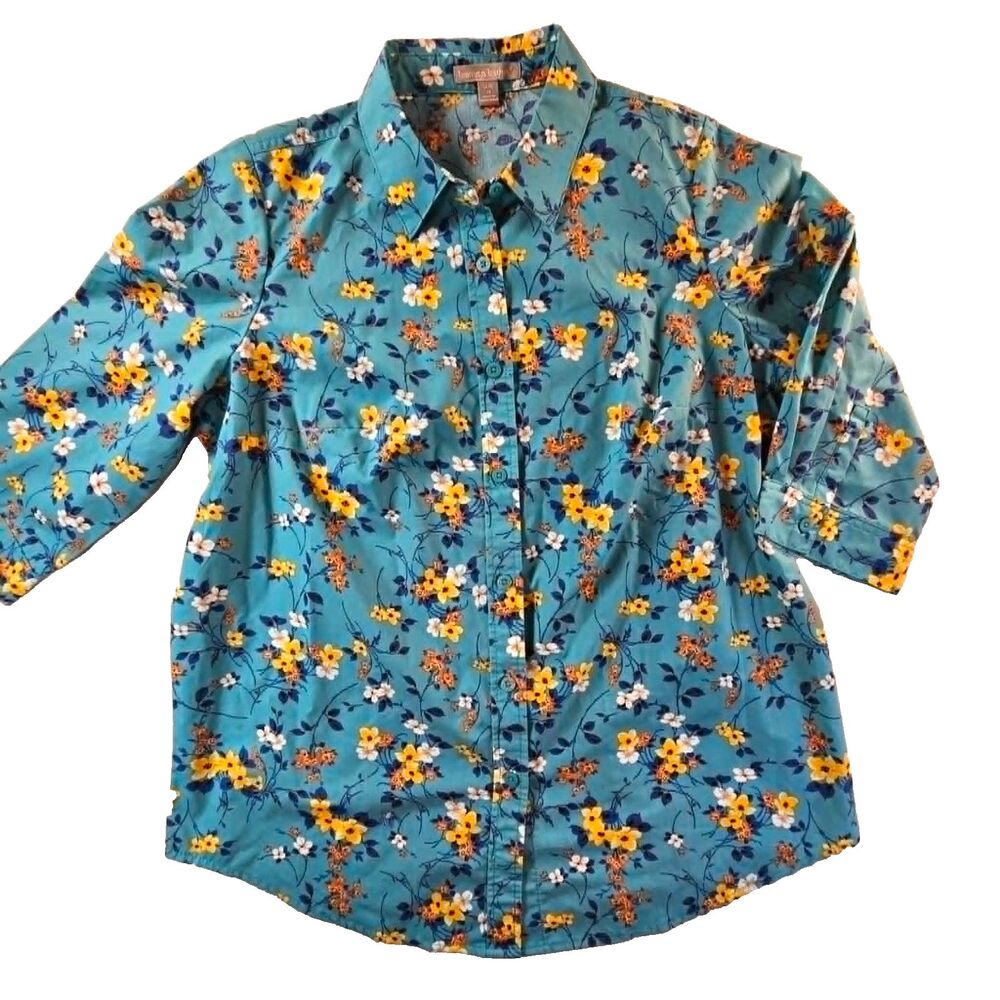 Woman Within Blouse Womens Teal Floral Button Front Collared Top 14/16